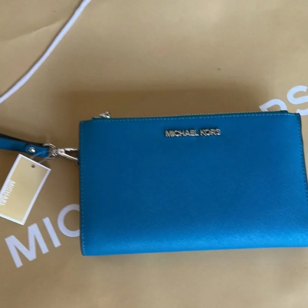 Michael Kors Large Double Zip Leather Wallet Wristlet Phone Case Lagoon